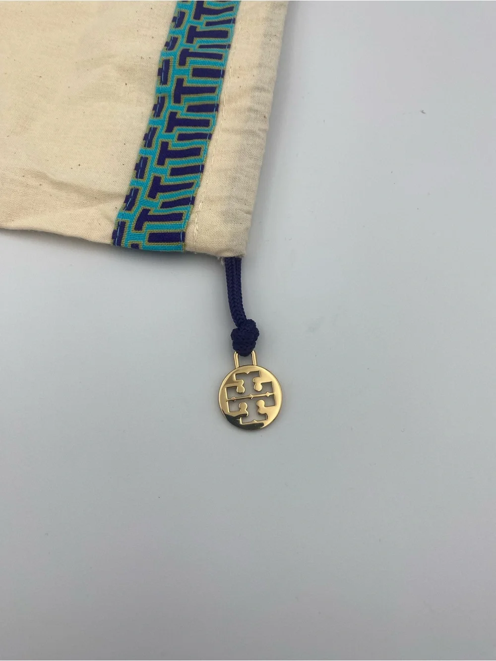 Tory Burch Natural Canvas Drawstring Bag with Blue Trim
